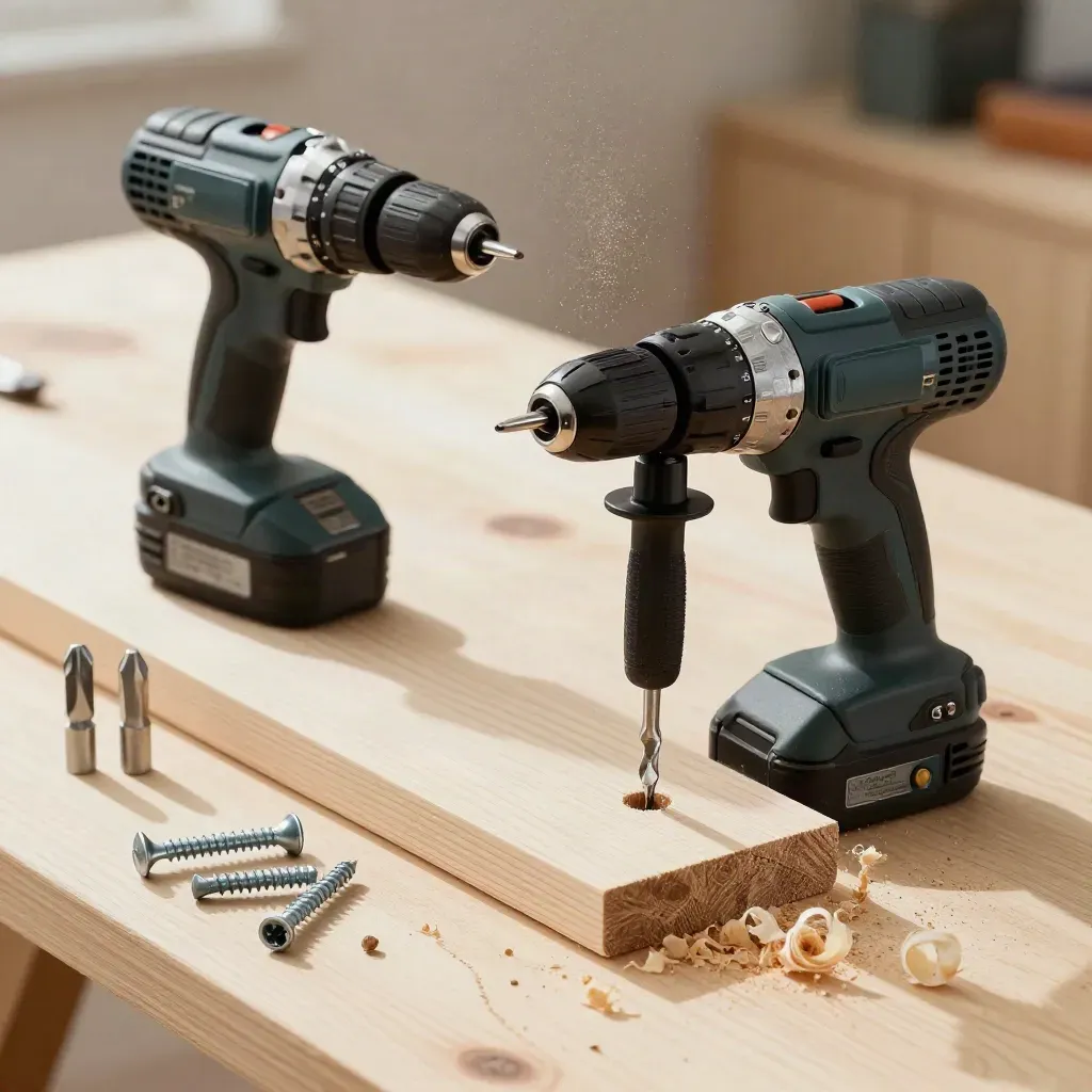 Two cordless drills, bits, screws and sawdust on a pale pine workbench over a drilled board.