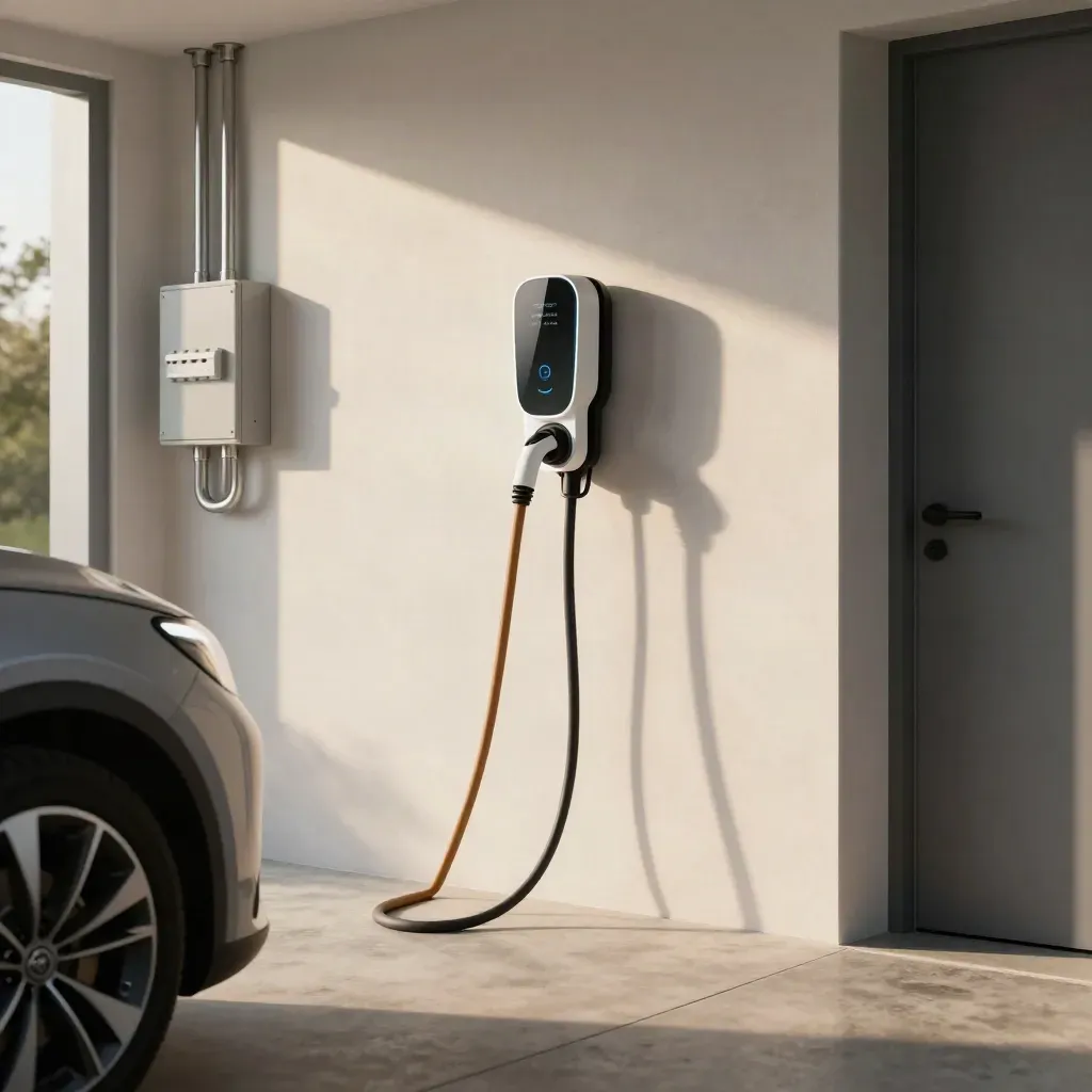 EV charger beside a parked car in a bright garage with warm afternoon light