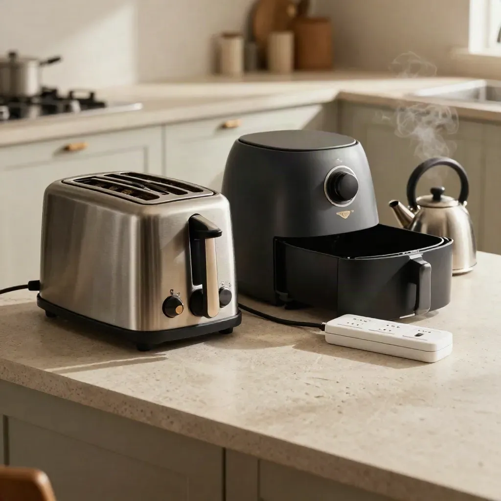 Toaster, kettle, and air fryer on a kitchen counter beside a power strip, steam fading.