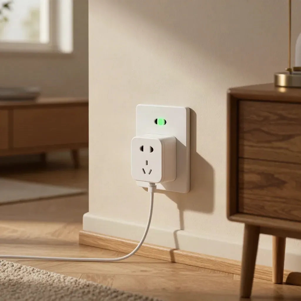 Smart plug in outlet beside a glowing floor lamp, side view with soft evening light.