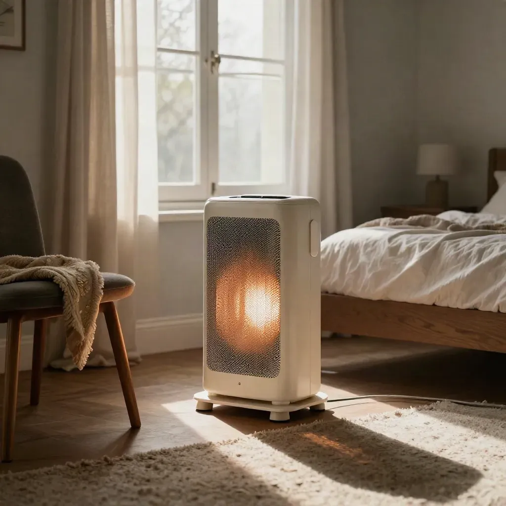 Space heater warming a small bedroom by a chair and folded blanket in pale window light.