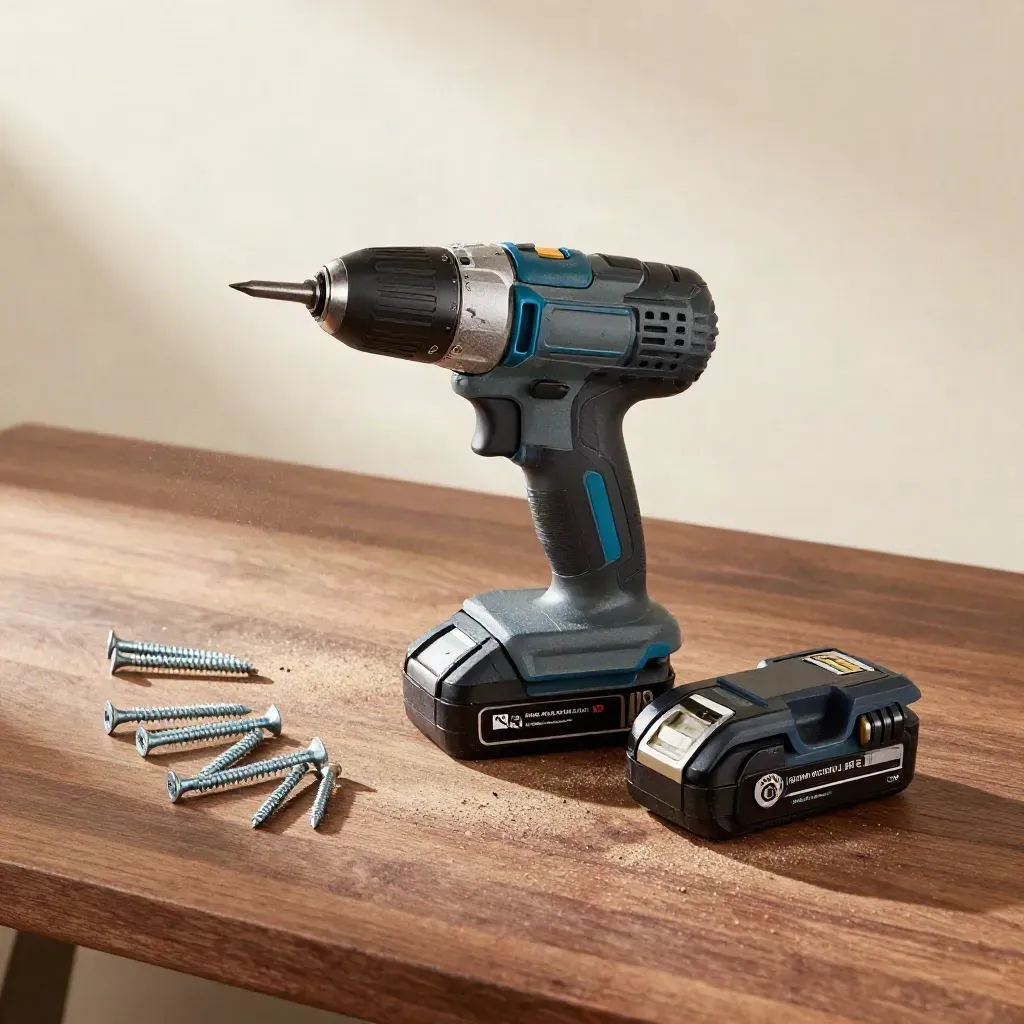 Cordless impact driver and spare batteries on a sawdust-speckled workbench, cooling after fastening.