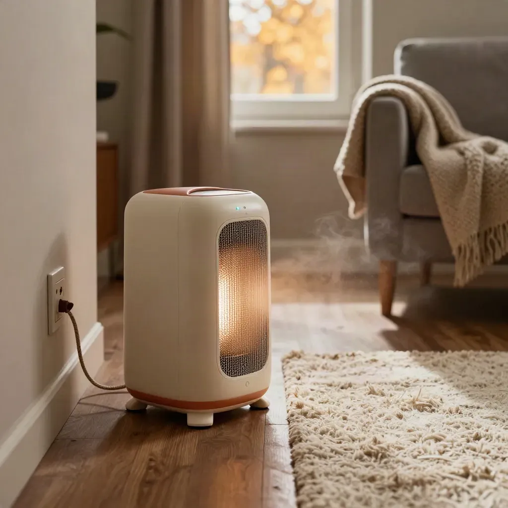 Compact space heater warming a small den beside a draped chair, rug, and glowing window.