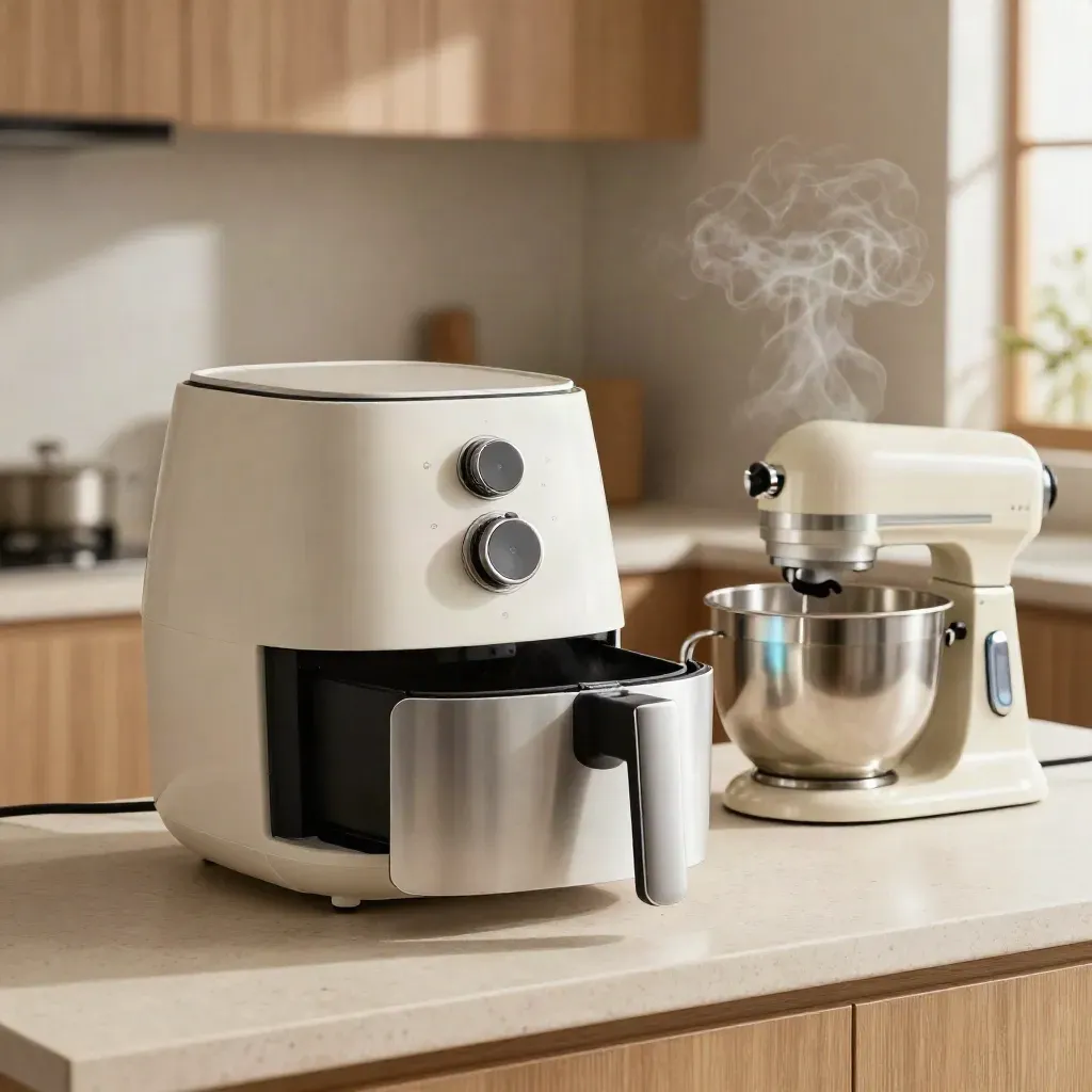 Air fryer, kettle, and stand mixer on a pale kitchen counter in soft morning steam and window light.