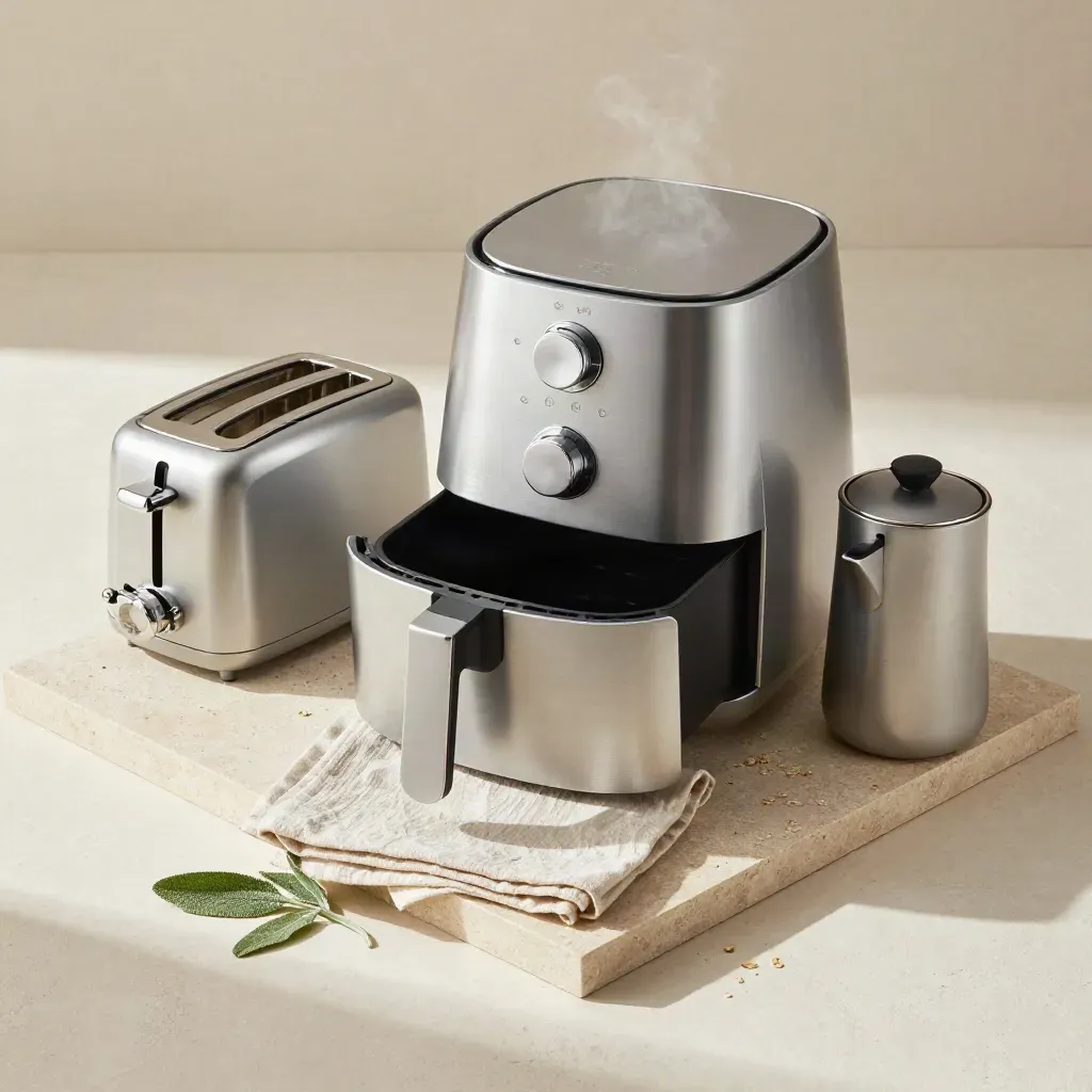 Air fryer, kettle and toaster on a stone tray with cloth and leaf
