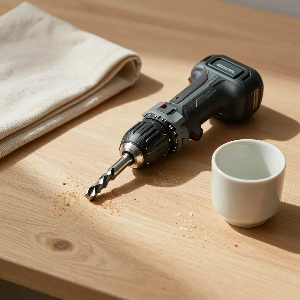 Drill battery cooling beside bit holder, cloth and ceramic cup on sawdusty wood